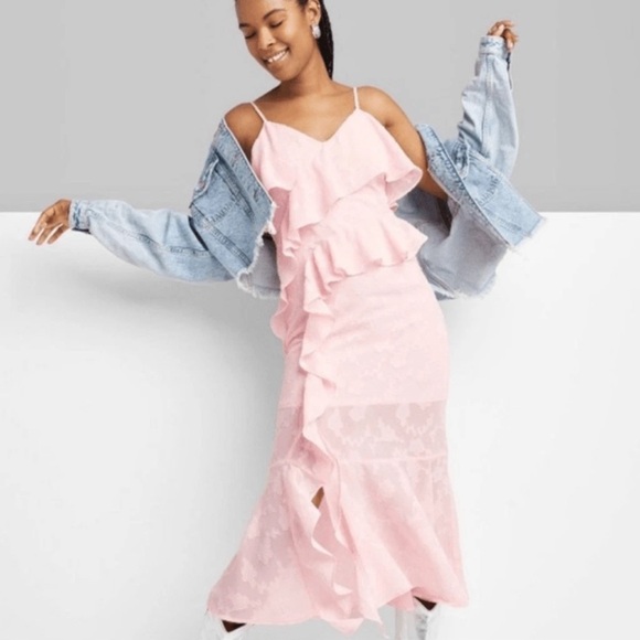 NWT Wild Fable, Women’s Dress Pink Blush Midi Chiffon Floral Ruffle, Size Medium - Picture 2 of 7